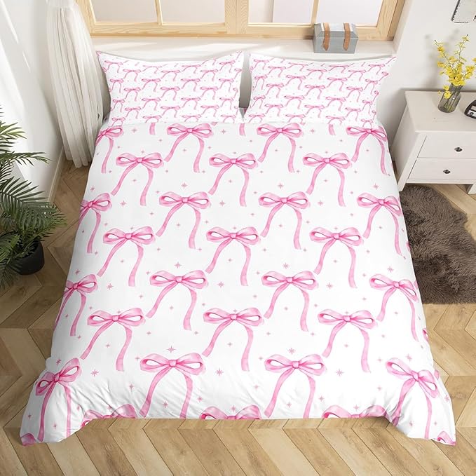 Cartoon Bowknot Girls Duvet Cover Set Twin Size Kids Bow Tie Princess Bedding Sets 2Pcs for Child Girly Woman Room Decor, Butterfly Knot Comforter Cover with 1 Pillowcase (No Comforter) Pink