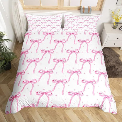 Cartoon Bowknot Girls Duvet Cover Set Queen Size Kids Bow Tie Princess Bedding Sets 3Pcs for Child Girly Woman Room Decor, Butterfly Knot Comforter Cover with 2 Pillowcases (No Comforter) Pink