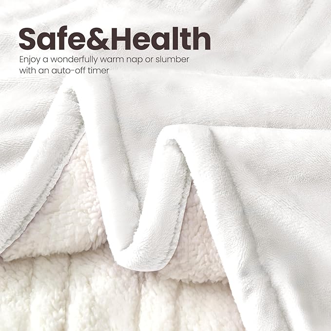 Electric Heated Blanket,Flannel & Sherpa Heated Throw Blanket 50"x60",Fast Heating Soft Fleece Blanket with 6 Heating Levels & 4H Auto Off-White
