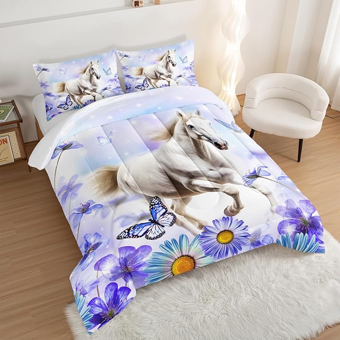 Horse Comforter 3 Piece Bedding Set,Full Size Comforter Sets for Girls Boys Room Decor,Floral Butterfly Comforter Sets with 2 Pillowcases,Soft Lightweight Bedding Set for All Seasons.