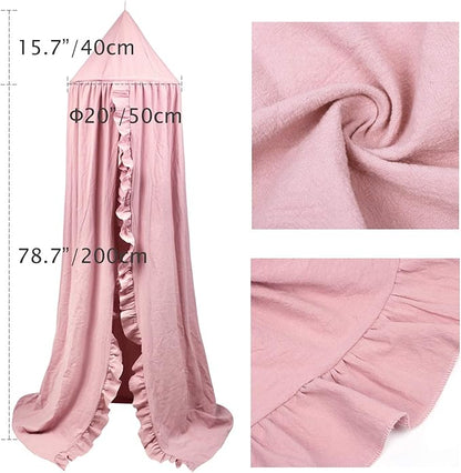 Bed Canopy with Frills Reading Nook Game Tent for Kids Boho Hanging Net Play Room Decor(Dusty Rose)