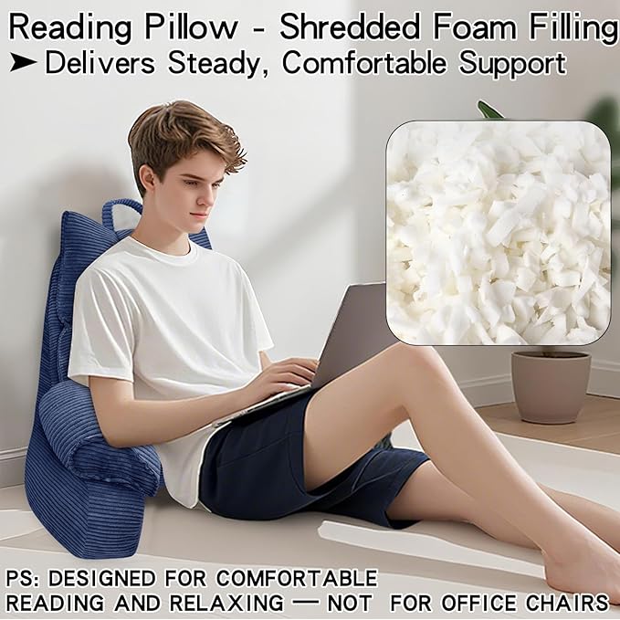 RRPAHWTV Reading Pillow for Bed with High Arm Rests,Back Support Pillow for Sitting Up in Bed with Shredded Memory Foam for Reading, TV, Gaming or Relaxing on Floor (Navy Blue, Large)