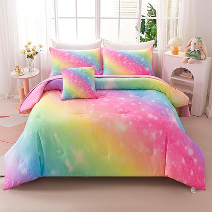 6Pcs Twin Size Comforter Set for Girls Kids, Gradient Rainbow Glitter Girls Bedding Set with Sheets, Soft & Breathable Kids Bed for Gift Bedroom Decor