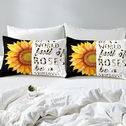 Castle Fairy Watercolor Sunflowers Bedding Set Queen Size,Yellow Floral Theme Duvet Cover Set for Children Xmas Bedroom Present, Leopard Art Word Print Microfiber Comforter Cover with 2 Pillowcases