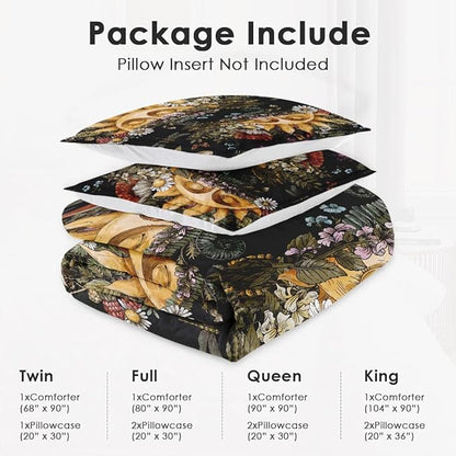 Twin Size Comforter Set with Pillowcase, Vintage Sun Moon Woodland Soft 2 Pcs Bedding for Kids and Adults, Mushroom Fern Plants Comforter Set for Room Bedroom Bed Decor