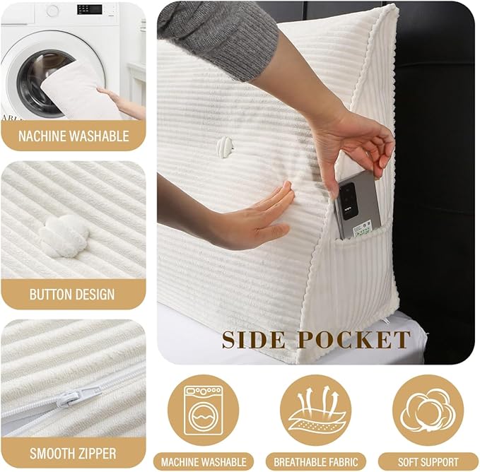 Wedge Headboard Pillow for Bed, King Dorm Headboard Support for Sitting Up Reading, Relaxing, Removable Washable Corduroy Cover, Polyester and Shredded Foam Filling, White