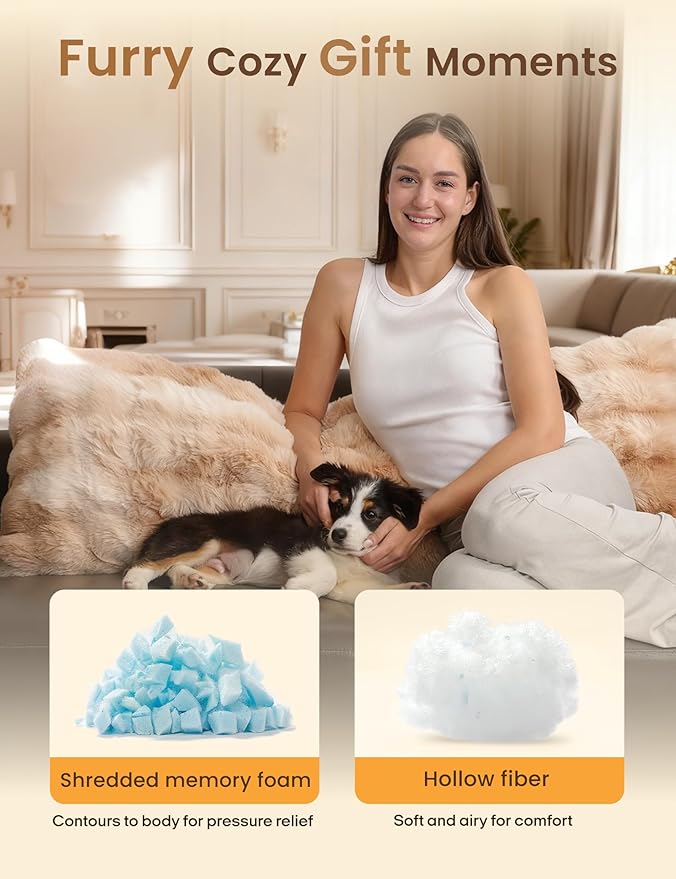 ZonLi Fluffy Faux Rabbit Fur Light Tan Body Pillow, Side Sleep Body Pillow with Washable Cover, Adjustable Memory Foam Fill，20x54 Long Pillow for Adults Girls & Kids
