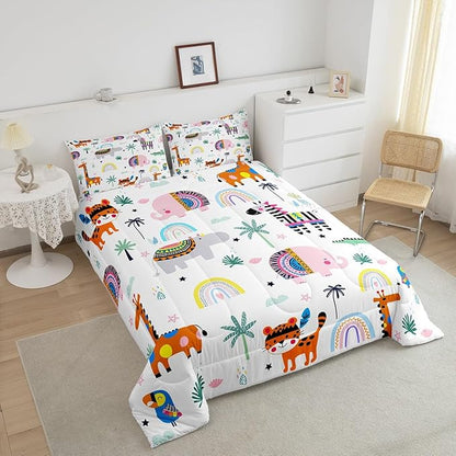 Feelyou Kids Zoo Animal Comforter King for Kids Boys Girls Cute Boho Animals Bedding Set Cartoon Elephant Comforter Set Wild Animals Duvet Set with 2 Pillow Case
