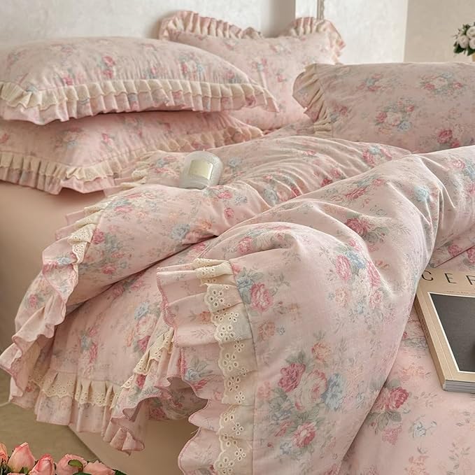 BuLuTu French Garden Pink Floral Duvet Cover Set King Size, Princess Style Lace Ruffled Bedding Set - 1 Comforter Cover King with 2 Pillow Cases, 100% Muslin Cotton Bedding, Soft Breathable
