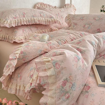 BuLuTu French Garden Pink Floral Duvet Cover Set King Size, Princess Style Lace Ruffled Bedding Set - 1 Comforter Cover King with 2 Pillow Cases, 100% Muslin Cotton Bedding, Soft Breathable