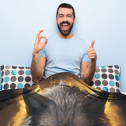 Huke Wolf Gifts Blanket, Black Gold Fire Lightning Wolf Throw Blankets,Wolf Gifts for Men Women Kids, Unique Wolf Gifts for Wolf Lovers, Wolf Gifts for Boys Girls, Cool Wolf Decor,60"X50"