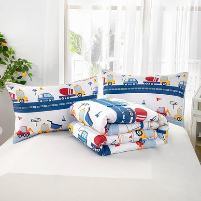 Axolotl Cartoon Car Kids Comforter Set Full,Construction Bedding Set Trucks Excavator Tractor Bed Set with 1 Quilt 2 Pillowcases for Boys Girls Teens Adults Bedroom Decor(Blue Red)
