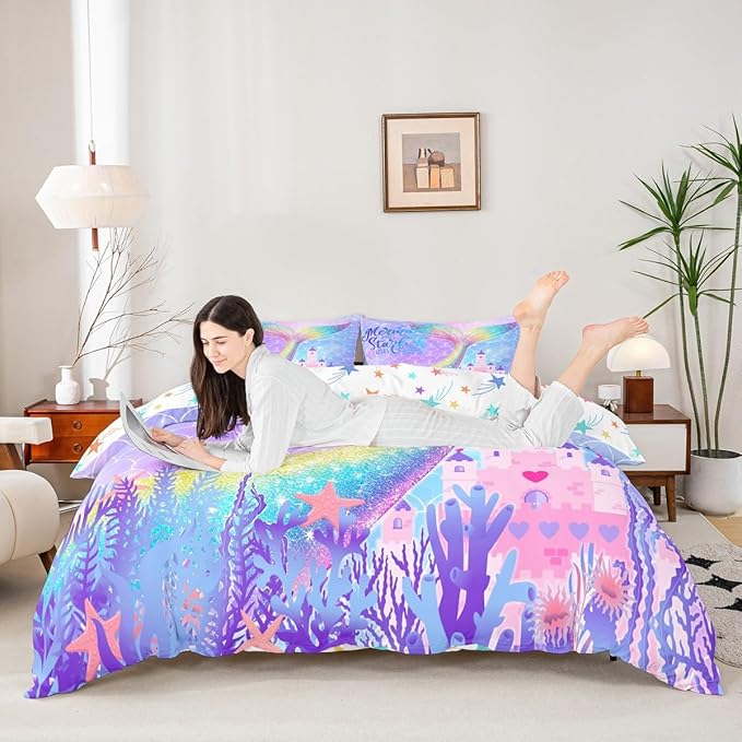 Mermaid Tail Duvet Cover Set Twin Size,Rainbow Watercolor Mermaid Scale Bedding Set for Kids Girls Women Bedroom Decor,Fantasy Coral Castle Comforter Cover Girly Dreamy Quilt Cover,1 Pillowcase
