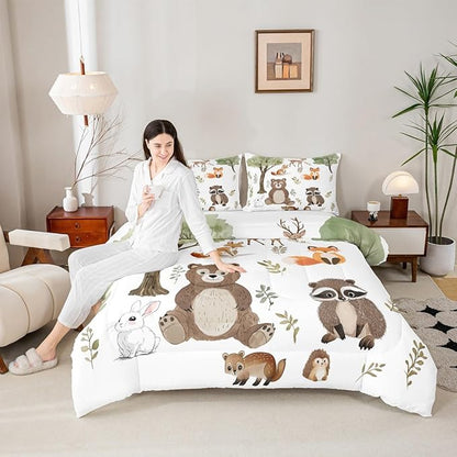 jejeloiu Woodland Animals Bedding Set Full Size Bear Fox Comforter Set for Kids Boys Girls Neutral Theme Duvet Set Forest Animal Quilt Set 3Pcs