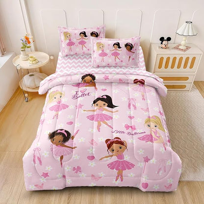 Twin Bedding Set for Girls Kids 5 Pieces Comforter Sets Bed in a Bag Pink Floral Ballerina Bedding Comforter Sheet Set Cute Bedroom Decor