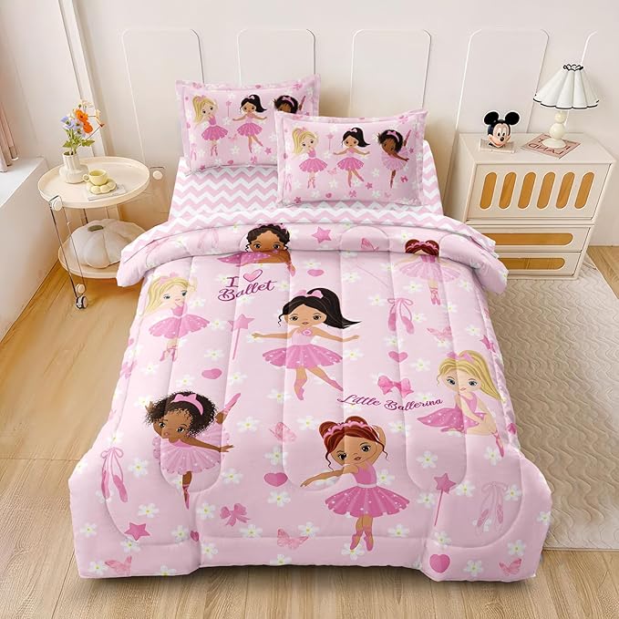 Full Bedding Set for Girls Kids 5 Pieces Comforter Sets Bed in a Bag Pink Floral Ballerina Bedding Comforter Sheet Set Cute Bedroom Decor