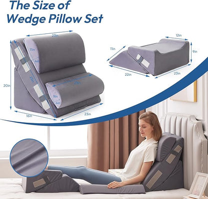 6PCS Wedge Pillow Set for After Surgery, Back Support Pillow for Bed, Bed Wedge Pillow for Post Surgery, Back Rest Pillow for Sitting in Bed, Pillow for Back Pain Relief, Plush Grey