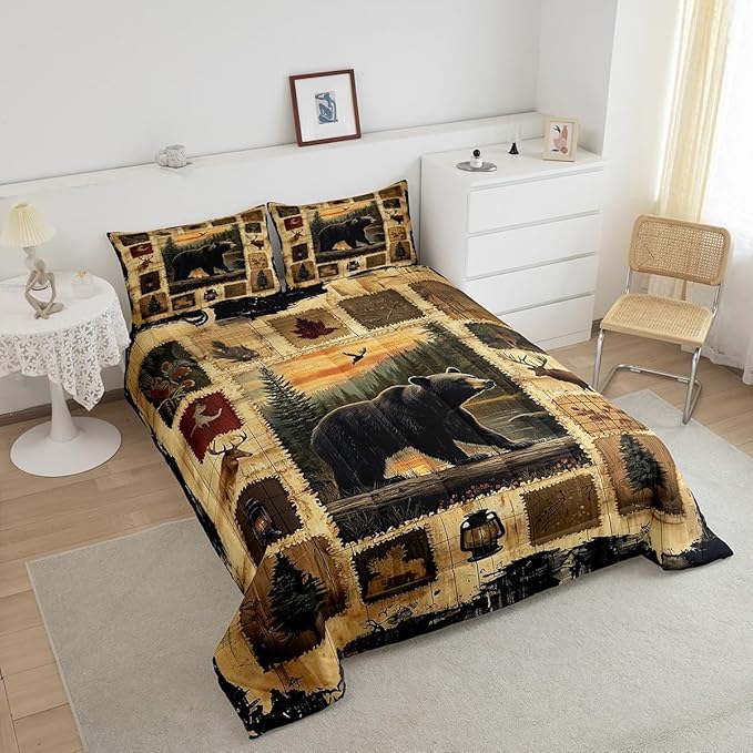 Feelyou Bear Comforter Set Twin Size Wild Animal Comforter for Boys Girls Teens Rustic Cabin Country Bedding Set Nature Wildlife Duvet Set Room Decor Forest Quilt Set