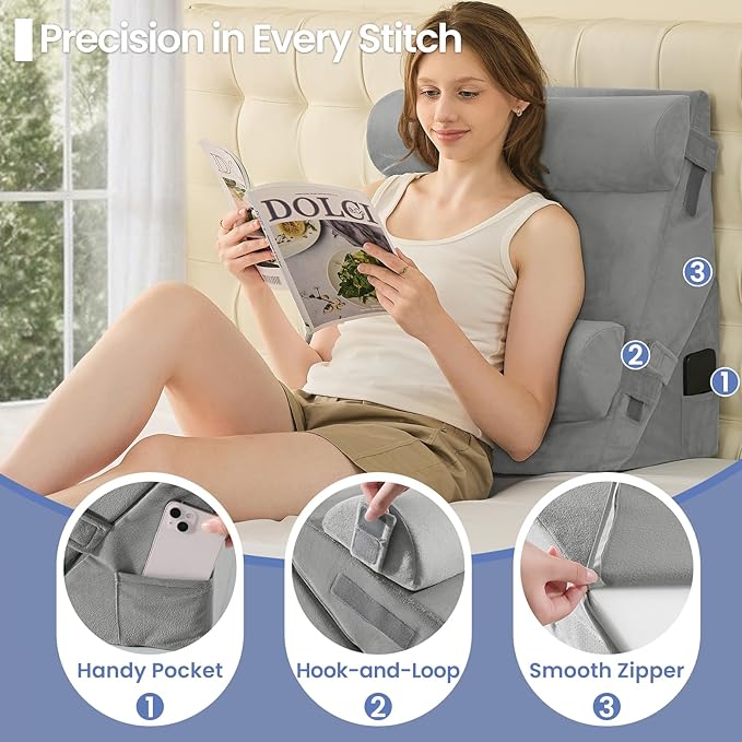 Sasttie Wedge Pillow Set for After Surgery, 3PCS Adjustable Bed Wedge Pillow Headboard with Memory Foam Neck Cushion – for Acid Reflux, Sleeping, Neck & Back Support, Velvet & Light Grey