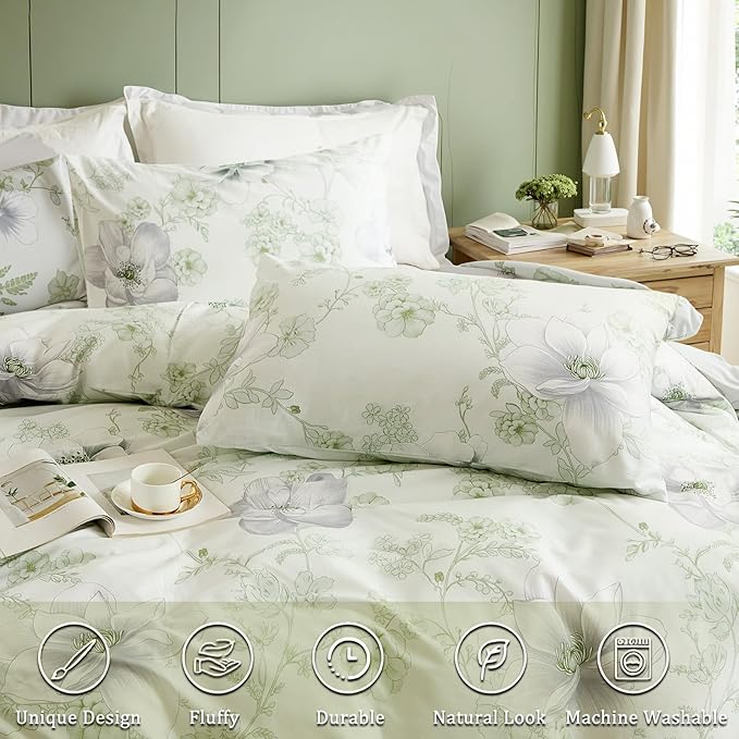 Floral Duvet Cover Queen Size 100% Cotton Reversible Green Floral Duvet Cover Set with Zipper Closure 3 Pcs Green Leaf Soft & Breathable Bedding Comforter Cover