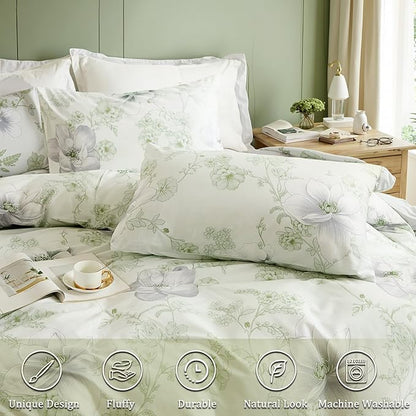 Floral Duvet Cover King Size 100% Cotton Reversible Green Floral Duvet Cover Set with Zipper Closure 3 Pcs Green Leaf Soft & Breathable Bedding Comforter Cover