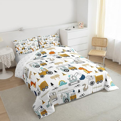 Feelyou Construction Bedding Set Full Size Equipment Trucks Comforter Set for Kids Boys Girls Decor Dinosaur Comforter 3D Digital Print Yellow Duvet Set Bedroom Quilt Set