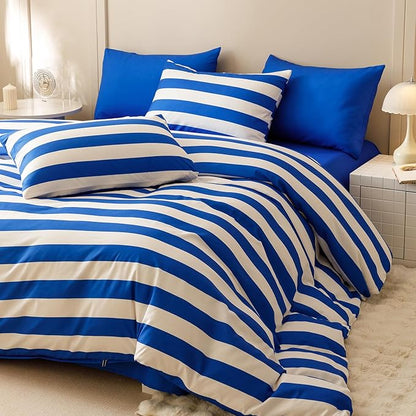 Wellboo Blue White Striped Comforter Sets Full Navy Blue Striped Bedding Comforters Cotton Men Boys Modern Boho Black Geometric Quilts Blue and White Ticking Stripe Quilts Preppy Vertical Lines Bed