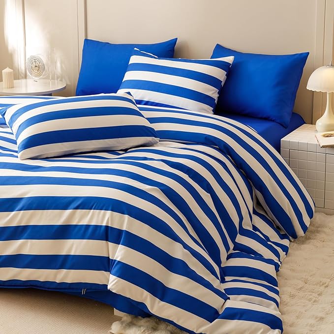 Wellboo Blue White Striped Comforter Sets King Navy Blue Striped Bedding Comforters Cotton Men Boys Modern Boho Black Geometric Quilts Blue and White Ticking Stripe Quilts Preppy Vertical Lines Bed