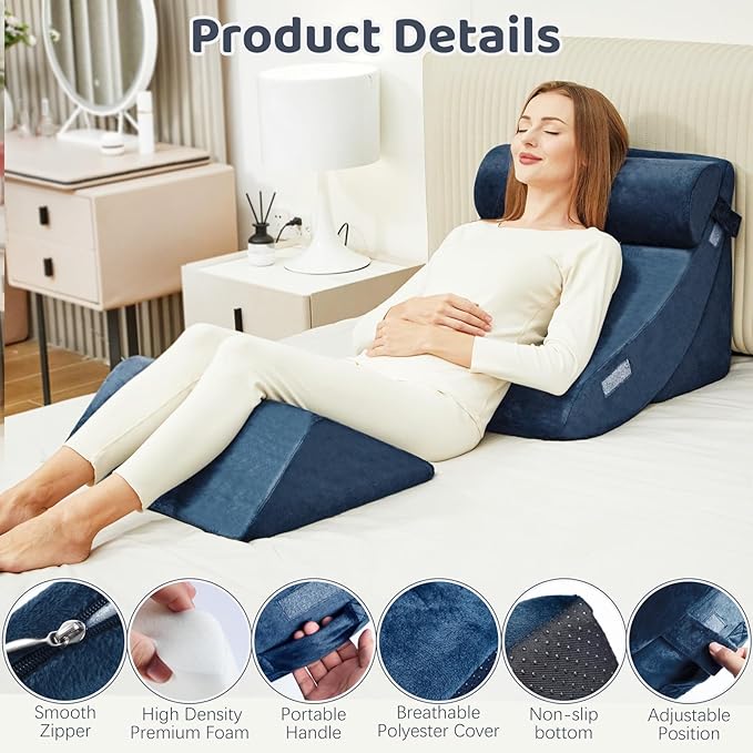 4pcs Wedge Pillow Set for After Surgery，Upright Pillows for Sitting in Bed,Foam Wedge for Back Pain Relief and Leg Pain，Pillow Wedge for Acid Reflux Relief and Anti-snoring