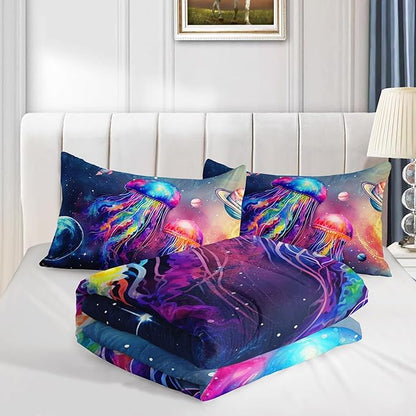 Glowing Jellyfish Comforter Set King Size,Galaxy Space Planet Rocket Print Comforter Set for Kids Teens Boys Girls Room Decor,Universe Sea Creatures Bedding with 2 Pillowcases.