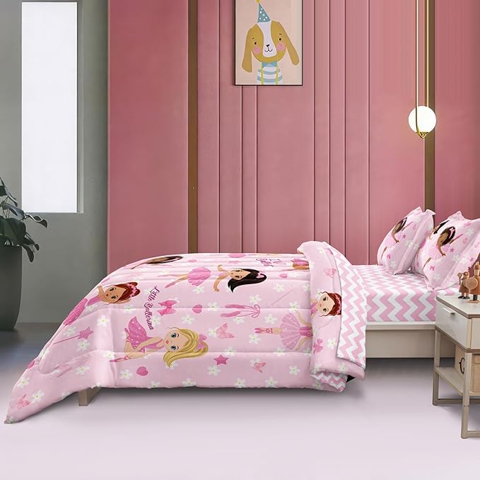 Twin Bedding Set for Girls Kids 5 Pieces Comforter Sets Bed in a Bag Pink Floral Ballerina Bedding Comforter Sheet Set Cute Bedroom Decor