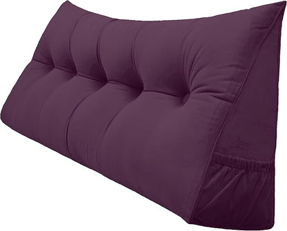 Triangular Reading Bed Rest Pillow Large Bolster Cushion Headboard Backrest Wedge Pillow with Removable Cover and Two Large Side Pockets (Dark Purple, Queen: 59 x 8 x 20 inches)
