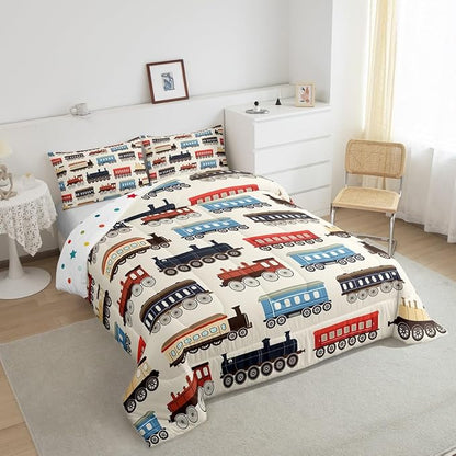 Erosebridal Cute Train Bedding Gifts for Kids Boys Funny Trains Car Twin Comforter Set Vintage Smoking Steam Engine Bed Set for Toddler Nursery Birthday Decor Down Comforter for All Seasons
