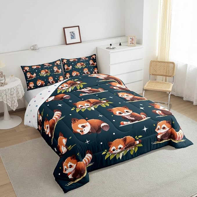 Cartoon Raccoon Comforter Set Cute Brown Wild Animals Hippie Bedding Comforter for Kids Boys Girls Teens Watercolor Green Leaves Dreamy Bedroom Quilt Set with 2 Pillowcases King Size 3 Pcs