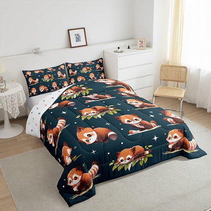 Cartoon Raccoon Comforter Set Cute Brown Wild Animals Hippie Bedding Set for Kids Boys Girls Teens Watercolor Green Leaves Dreamy Microfiber Duvet Set with 1 Pillowcase Twin Size 2 Pcs