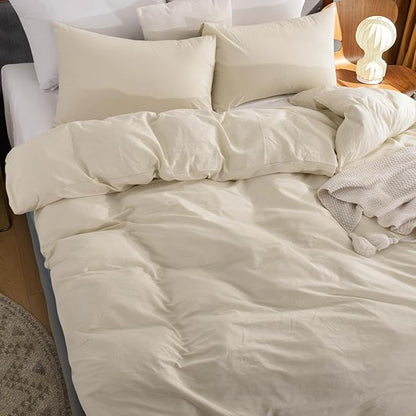 NEXHOME PRO Duvet Cover Set Oversized Queen 98"x98" Linen Feel Textured Cream Grey Organic Natural 100% Washed Cotton Duvet Cover 3 Pieces Bedding Set Zipper Closure, Breathable (No Comforter)