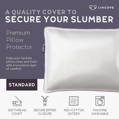 Lincove 100% Cotton Sateen Pillow Protector Cover - Zipper Pillow Cover - 500 Thread Count Luxury Cotton - Zippered Dust Pillow Protector Bed Pillow Case, Standard, 20”x26”