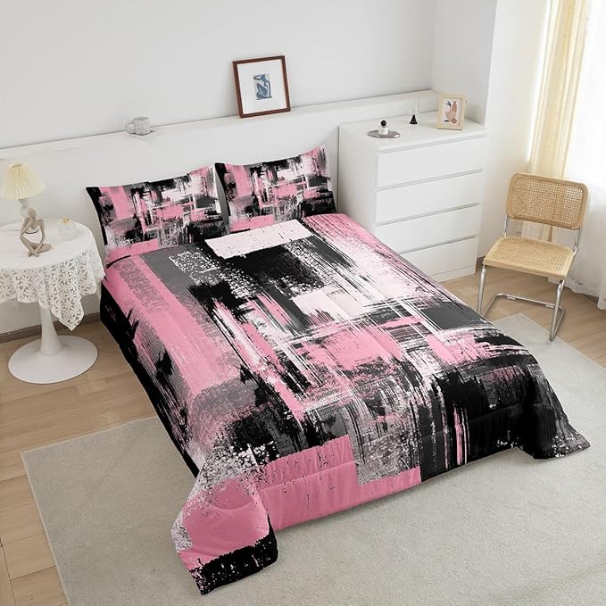 Feelyou Pink Black Abstract Duvet Quilt Full Size Geometric Bedding Set for Kids Boys Girls Decor Modern Comforter Set Breathable Soft Lightweight Microfiber Buffalo Check Bedroom Decor Bedclothes