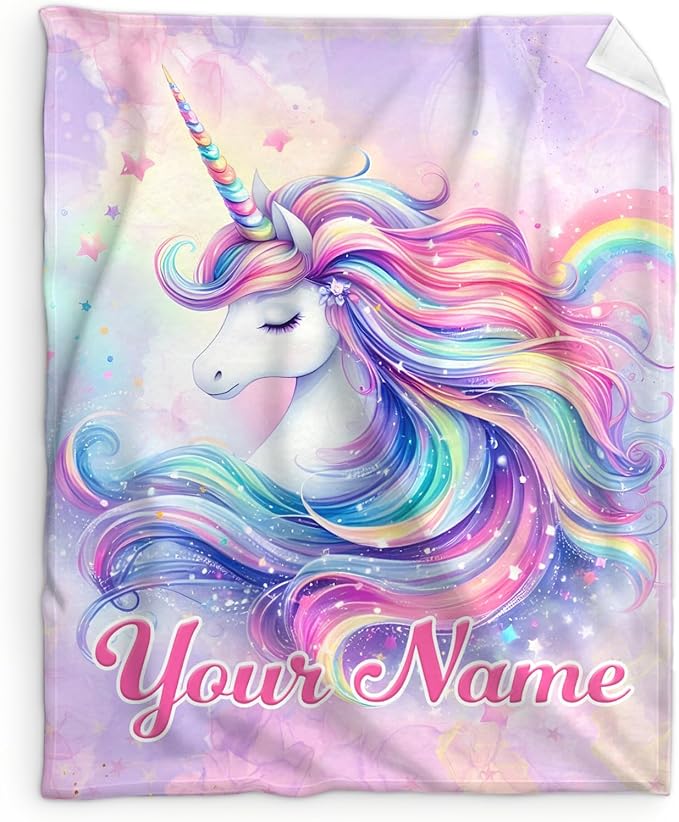 Custom Unicorn Blanket for Girls Age 8-10, Unicorn Gift, 50 x 40 Inches Soft Animal Blanket, Gift for Unicorn Lovers, Cozy Warm Flannel Throw Blanket for Bed Room Decor, Camping, Travel, Chair