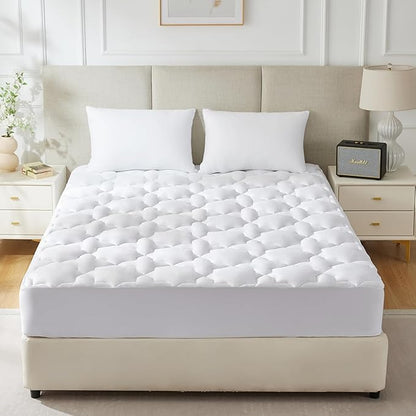 CozyLux Queen Mattress Pad Cotton Cooling Mattress Topper Quilted Fitted Mattress Cover Non Slip Breathable Soft Mattress Protector Up to 21" Deep Pocket Thick Pillowtop 450GSM (60x80) inches White
