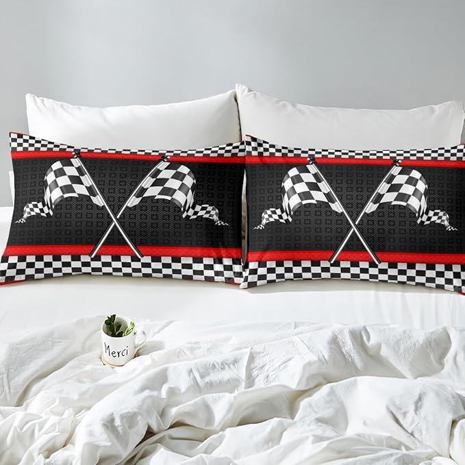 Race Car Themed Duvet Cover Set Full Size,Black White Checkered Flag Print Comforter Cover with 2 Pillowcases,Red Stripes Geometric Grid Plaid Breathable Bedspread for Boys Teens,Pillow Sham