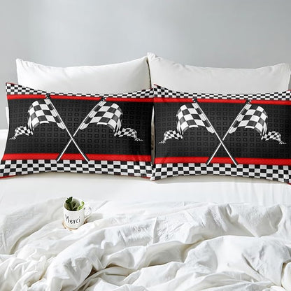 Race Car Themed Duvet Cover Set Full Size,Black White Checkered Flag Print Comforter Cover with 2 Pillowcases,Red Stripes Geometric Grid Plaid Breathable Bedspread for Boys Teens,Pillow Sham
