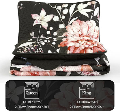 Drucon Floral Quilt King Size - 3 Pieces Black Quilt Botanical Bedspread Soft Lightweight Flower Bedding Set for All Season (104"x90")