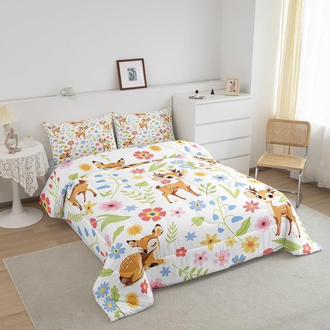jejeloiu Cute Sika Deer Bedding Set Full Size Cute Flower Comforter Set for Kids Adult Boys Girls Cartoon Animal Duvet Set Colorful Quilt Set 3Pcs