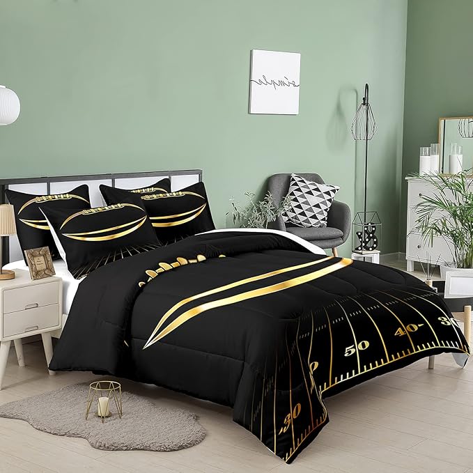 Bodhi Black and Gold Football Comforter Set Full for Boys Kids Sport Comforter Football Bedding Set American Football Comforter with Pillowcase,Soft Football Quilt,Full Size