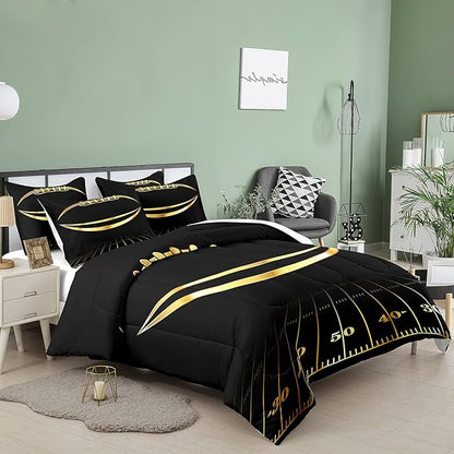 Bodhi Black and Gold Football Comforter Set Full for Boys Kids Sport Comforter Football Bedding Set American Football Comforter with Pillowcase,Soft Football Quilt,Full Size