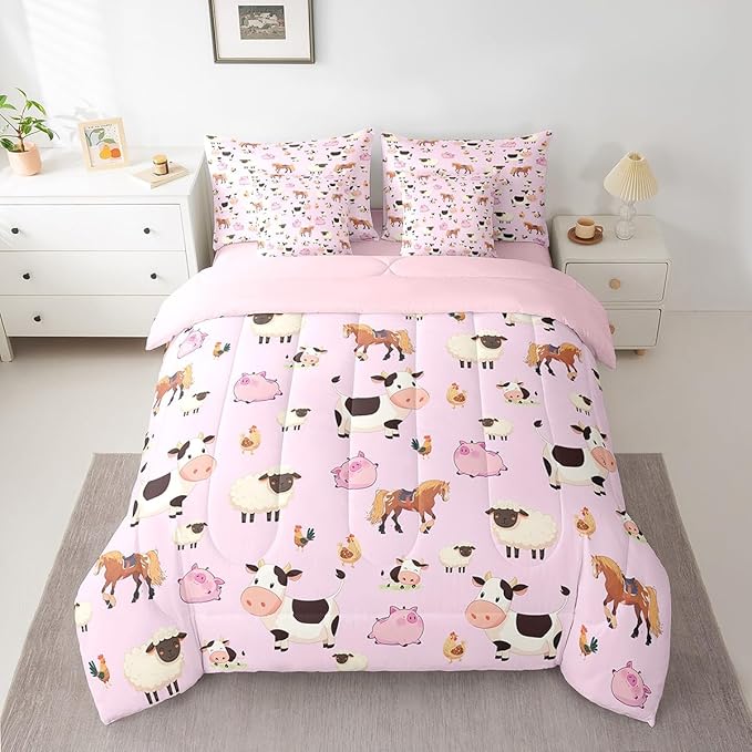 Feelyou Full Size Farm Animal Comforter Set with Sheets Boys Girls Cartoon Animals 7 Piece Bedding Set for Kids Pink Bed in a Bag Funny Country Theme Bed Set