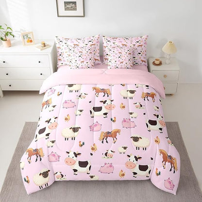 Feelyou Twin Size Farm Animal Comforter Set with Sheets Boys Girls Cartoon Animals 7 Piece Bedding Set for Kids Pink Bed in a Bag Funny Country Theme Bed Set