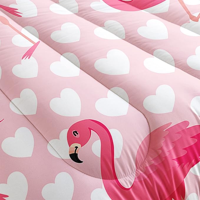 Flamingo Comforter Set Full Size Tropical Pink Flamingo Love Heart Pattern Bedding Set Kawaii Quilted Duvet for Kids Girls Boys Adult with 1 Comforter and 2 Pillowcases