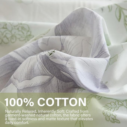Floral Duvet Cover Queen Size 100% Cotton Reversible Green Floral Duvet Cover Set with Zipper Closure 3 Pcs Green Leaf Soft & Breathable Bedding Comforter Cover